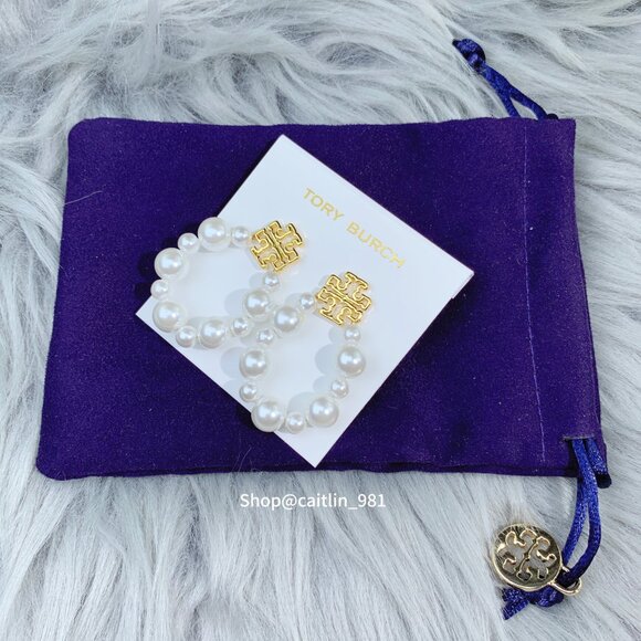 Tory Burch Britten Pearl Hoop Earrings in Tory Gold (Brand New with Dust Bag) - Picture 2 of 5